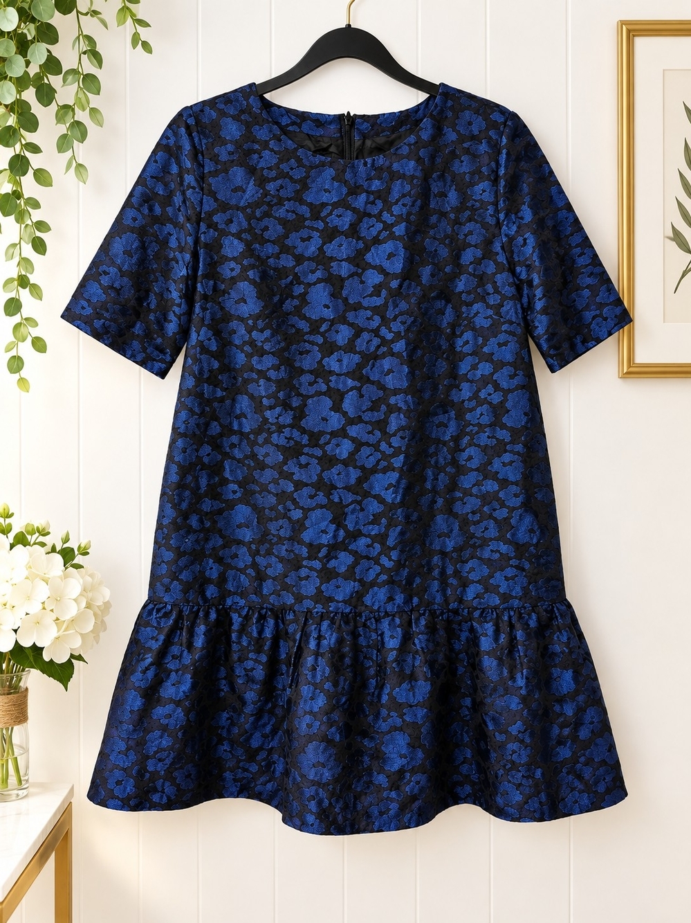 Helene Berman Navy and Black Floral Jacquard Girls' Dress
